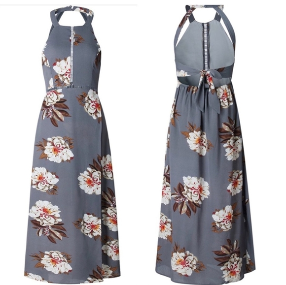 Zesica Women's Small Halter Open Back Floral Gray Maxi Dress With Tie On Back - Picture 1 of 10